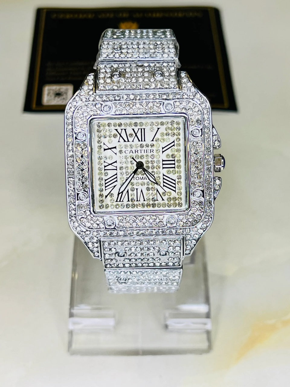 Iced Out Diamond Crystal Men’s Square Dial Digital Quartz Watch