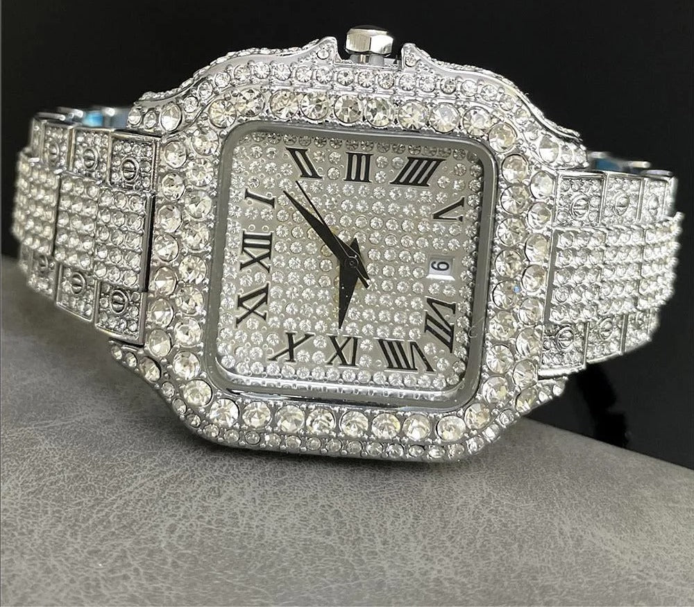 Iced Out Diamond Crystal Men’s Square Dial Digital Quartz Watch