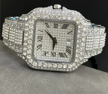 Iced Out Diamond Crystal Men’s Square Dial Digital Quartz Watch