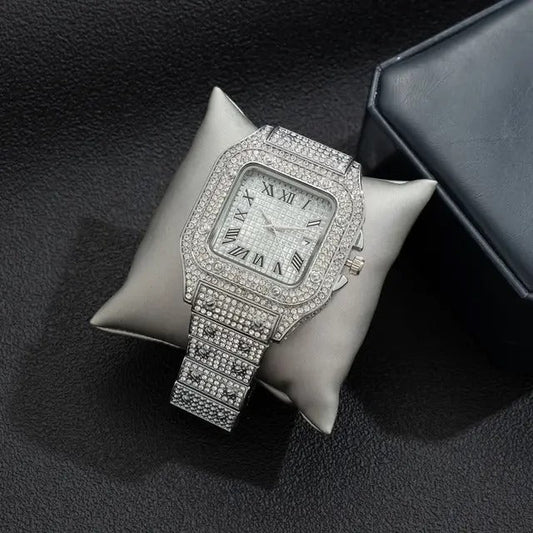 Iced Out Diamond Crystal Men’s Square Dial Digital Quartz Watch